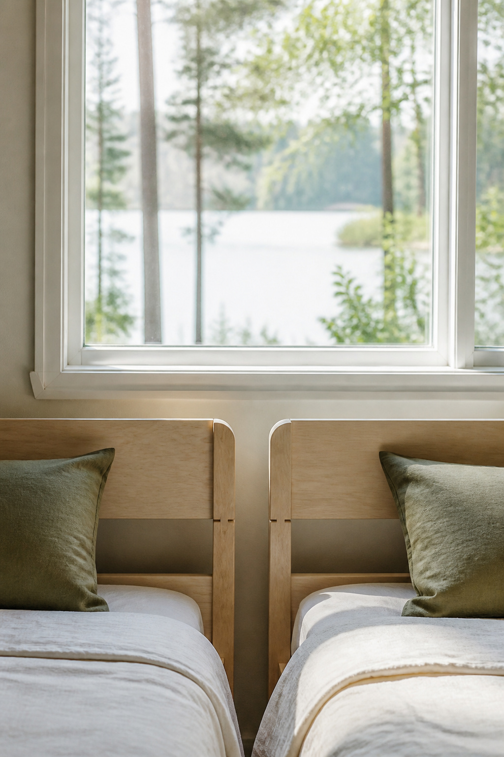 Two twin bed frames placed head to head beneath a bright window, with the window's opening left completely unobstructed