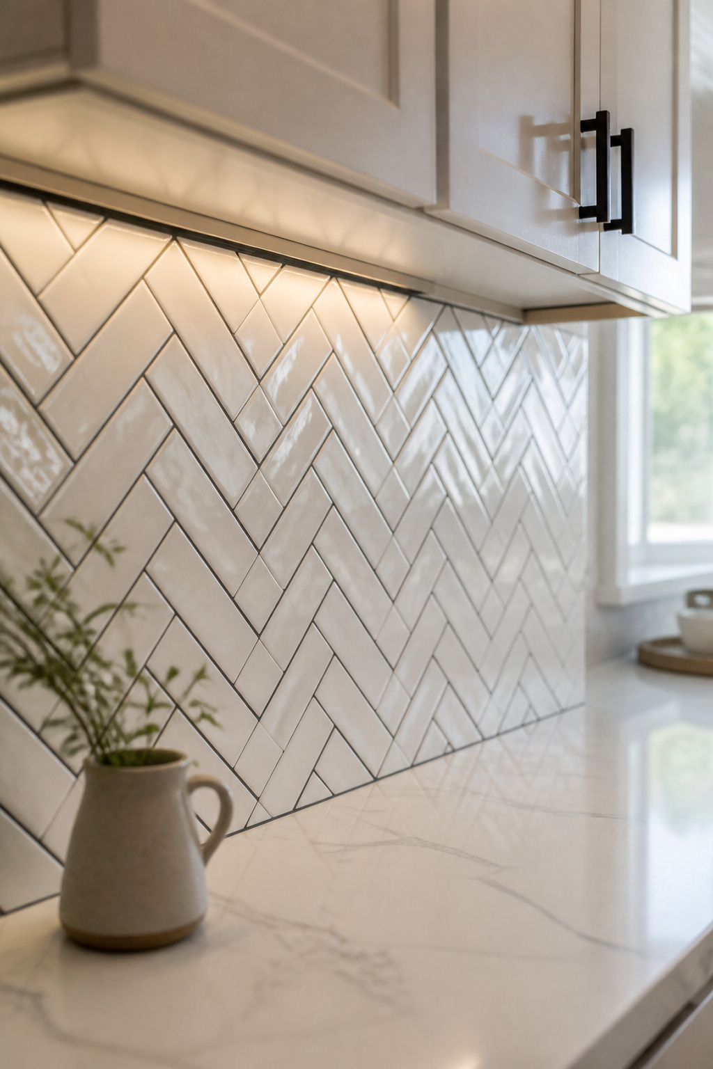Herringbone white subway tile kitchen backsplash with charcoal grout, white shaker cabinets and white quartz countertop — a custom-looking combination using standard materials
