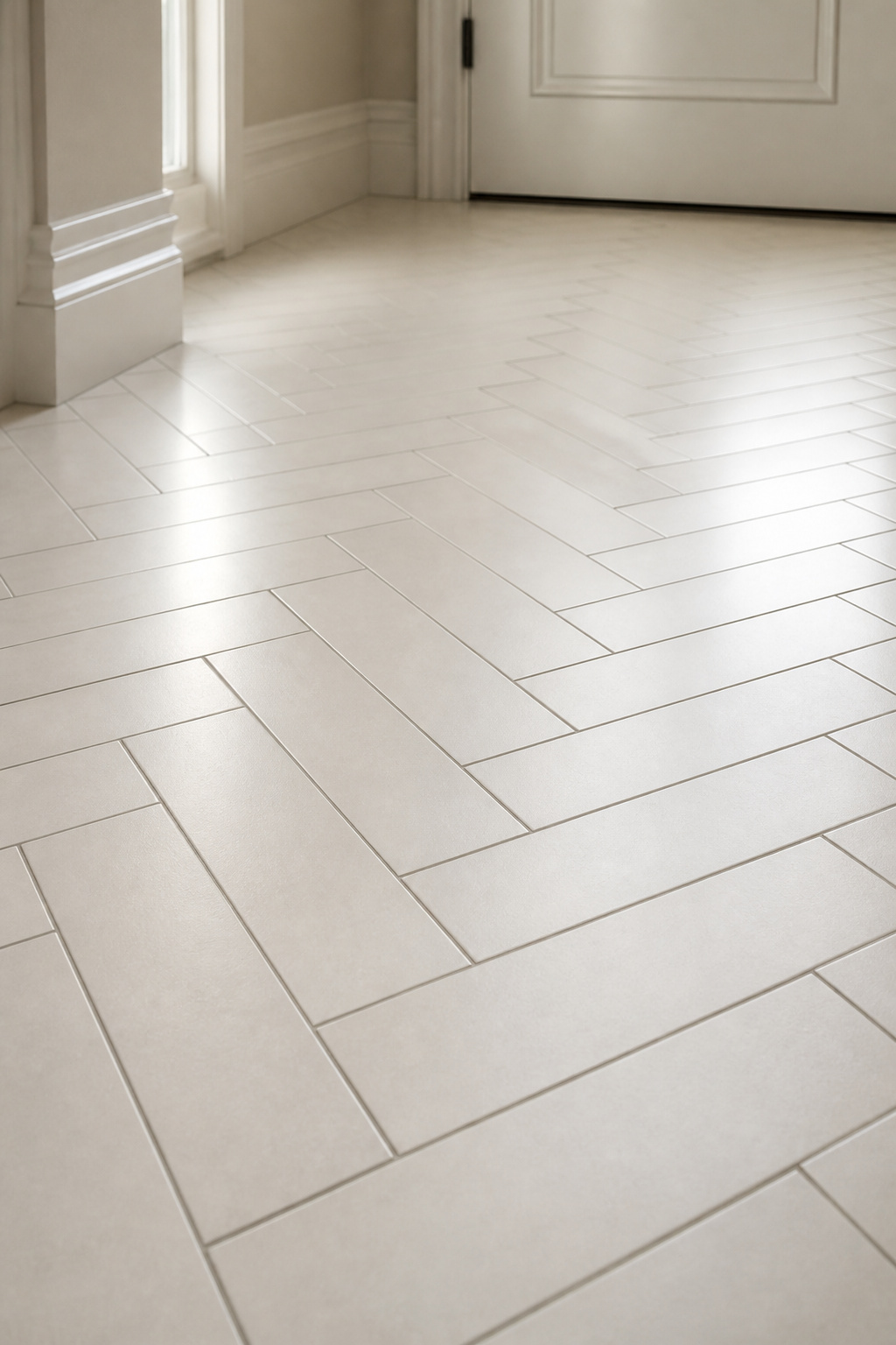 close-up of a herringbone floor tile pattern in warm white porcelain with fine grey grout in an entryway, V-direction facing the front door