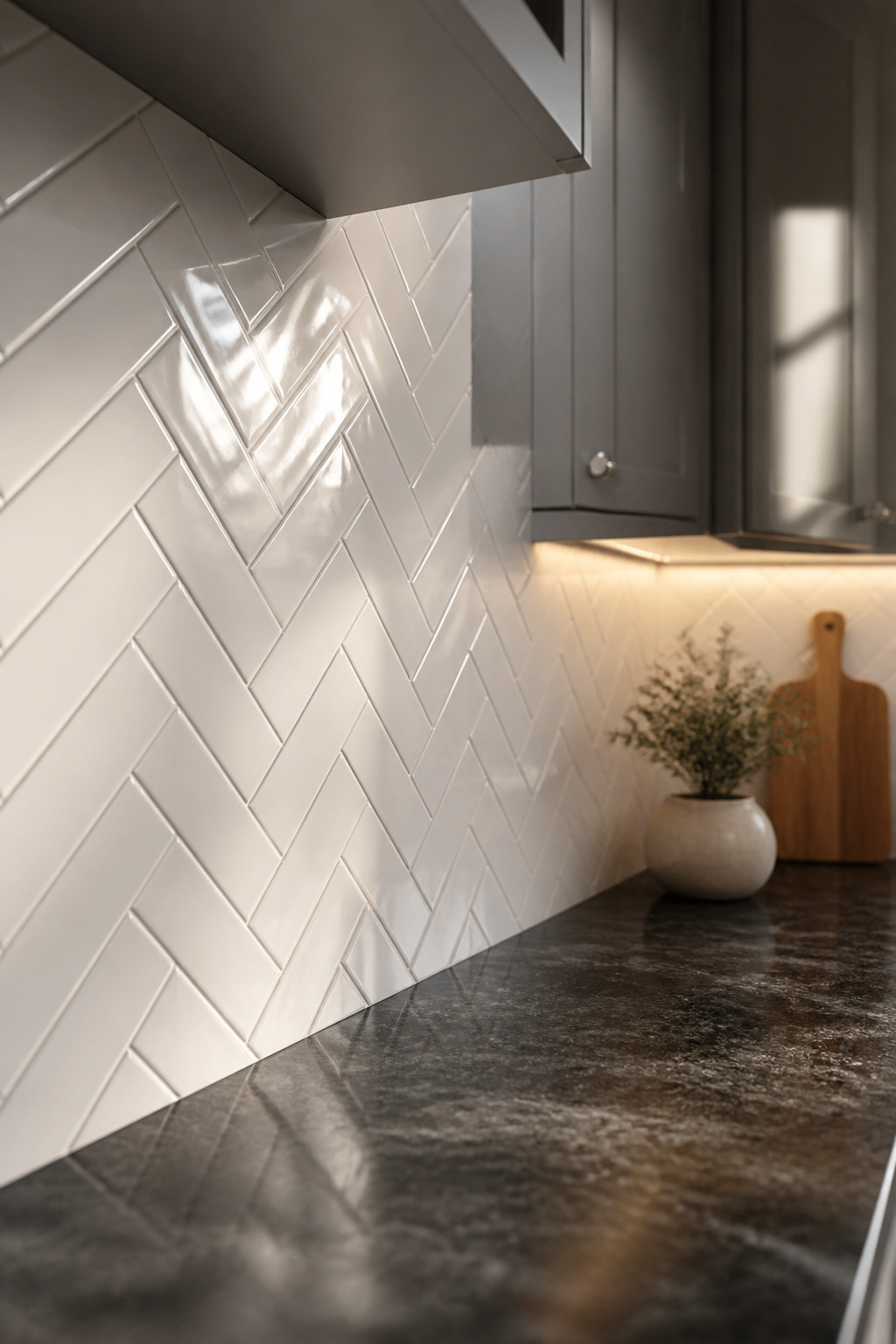 White herringbone subway tile backsplash with charcoal grey grout in a transitional kitchen with grey shaker cabinets