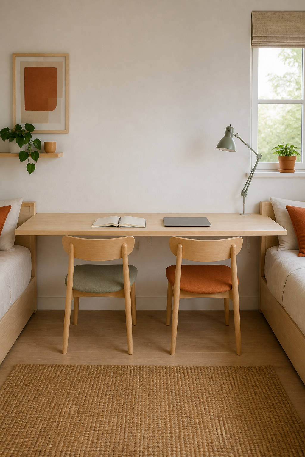 Wall-to-wall birch plywood homework station built on cleats between two beds, with a sage-green chair at one end and a clay-terracotta chair at the other