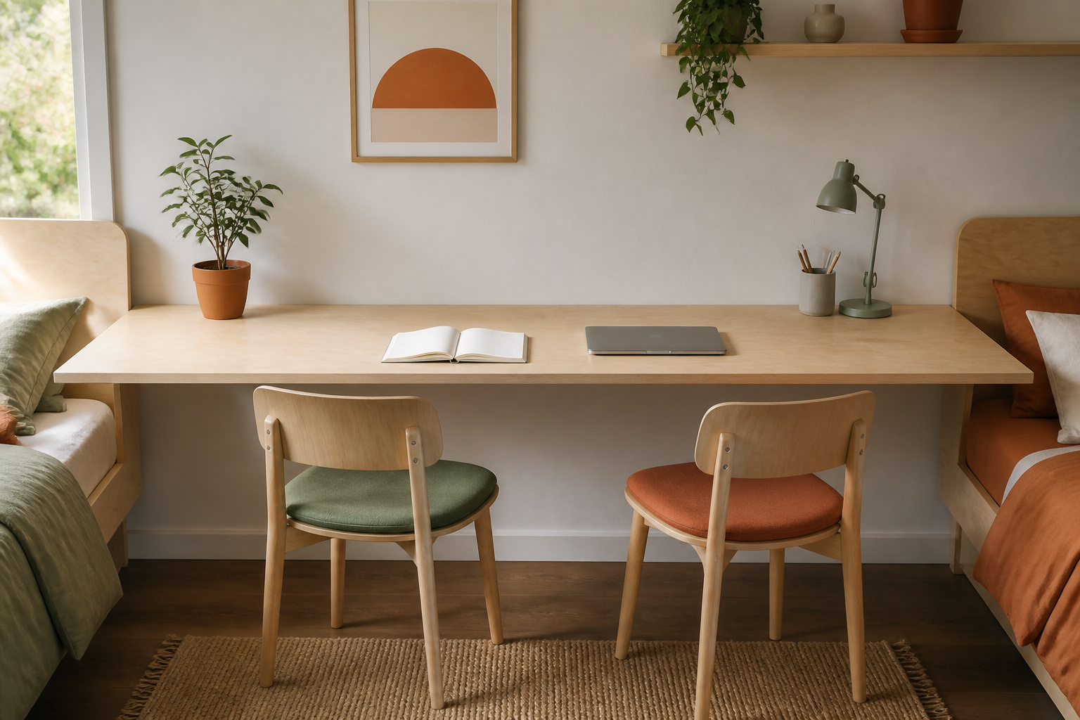 Wall-to-wall birch plywood homework station built on cleats between two beds, with a sage-green chair at one end and a clay-terracotta chair at the other