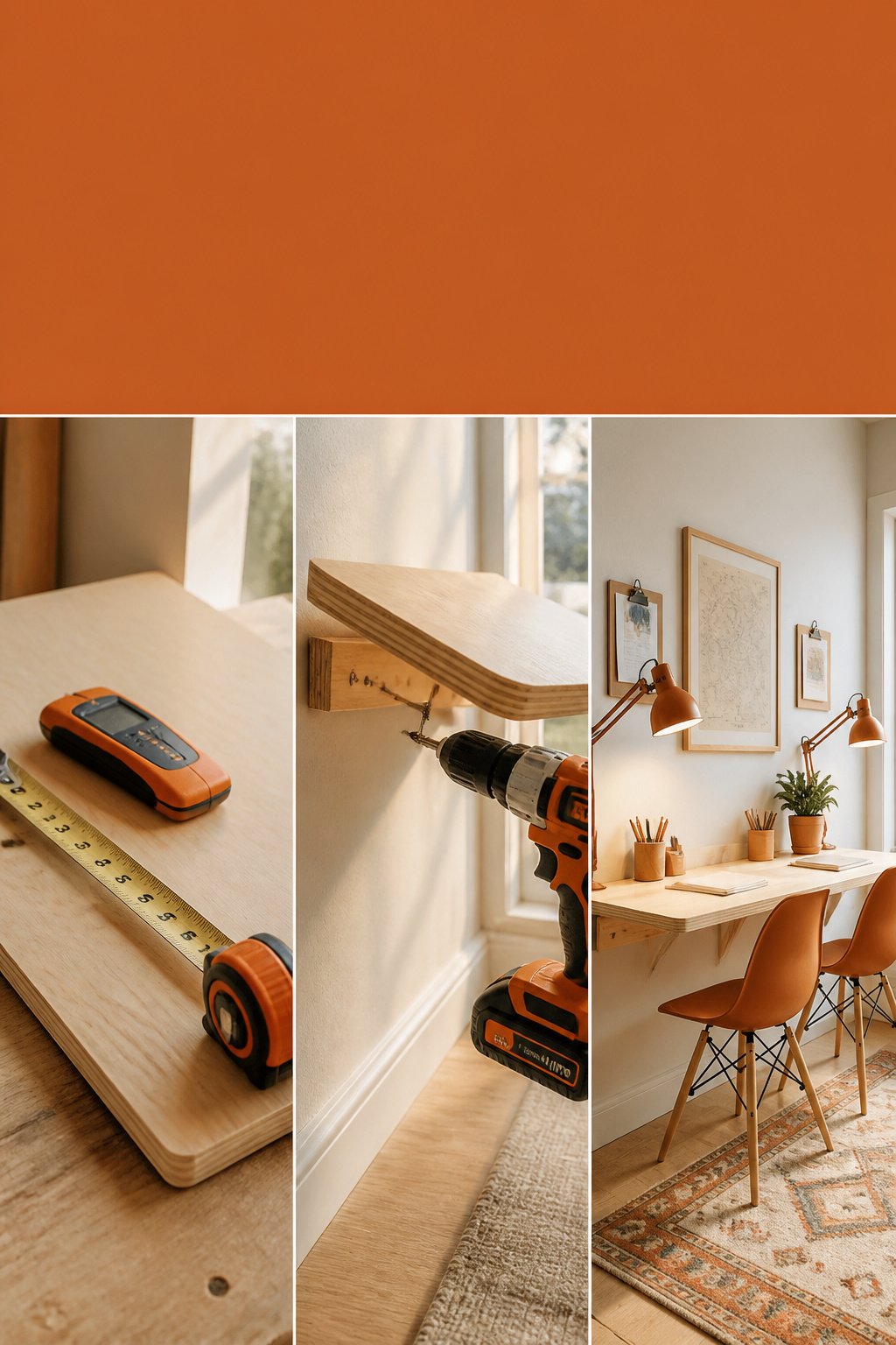Pinterest pin showing a tape measure and stud finder, a plywood desk top being installed on wall cleats, and the finished two-seat homework station with a bold burnt-orange headline banner