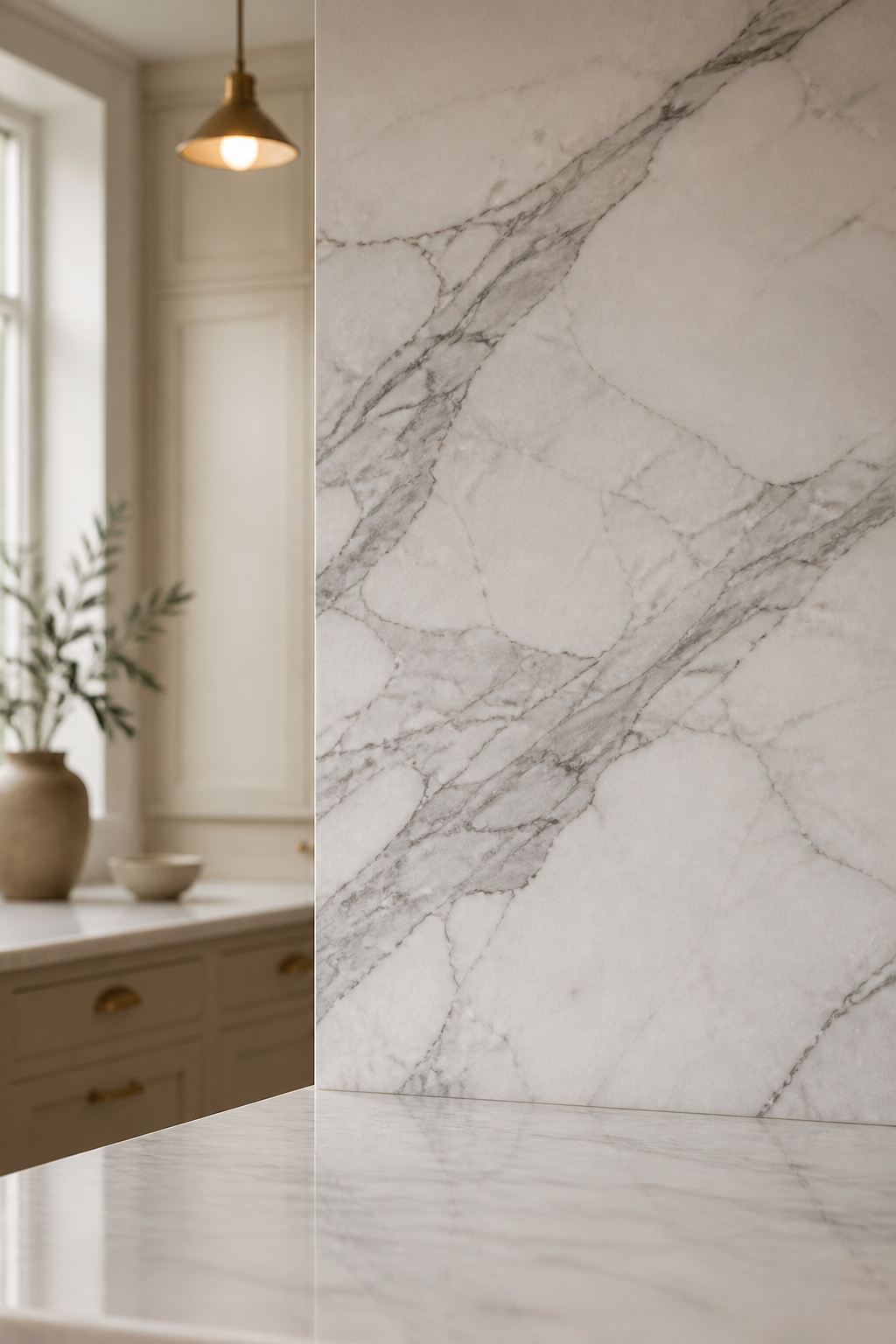 Honed white Carrara marble backsplash with grey veining in a calm kitchen