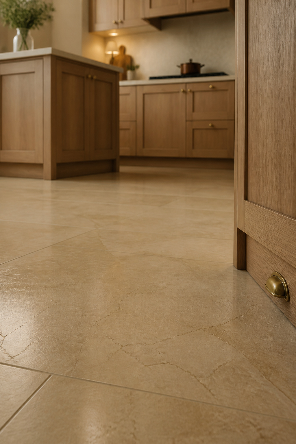 Honed dijon-limestone kitchen floor paired with honey oak cabinetry