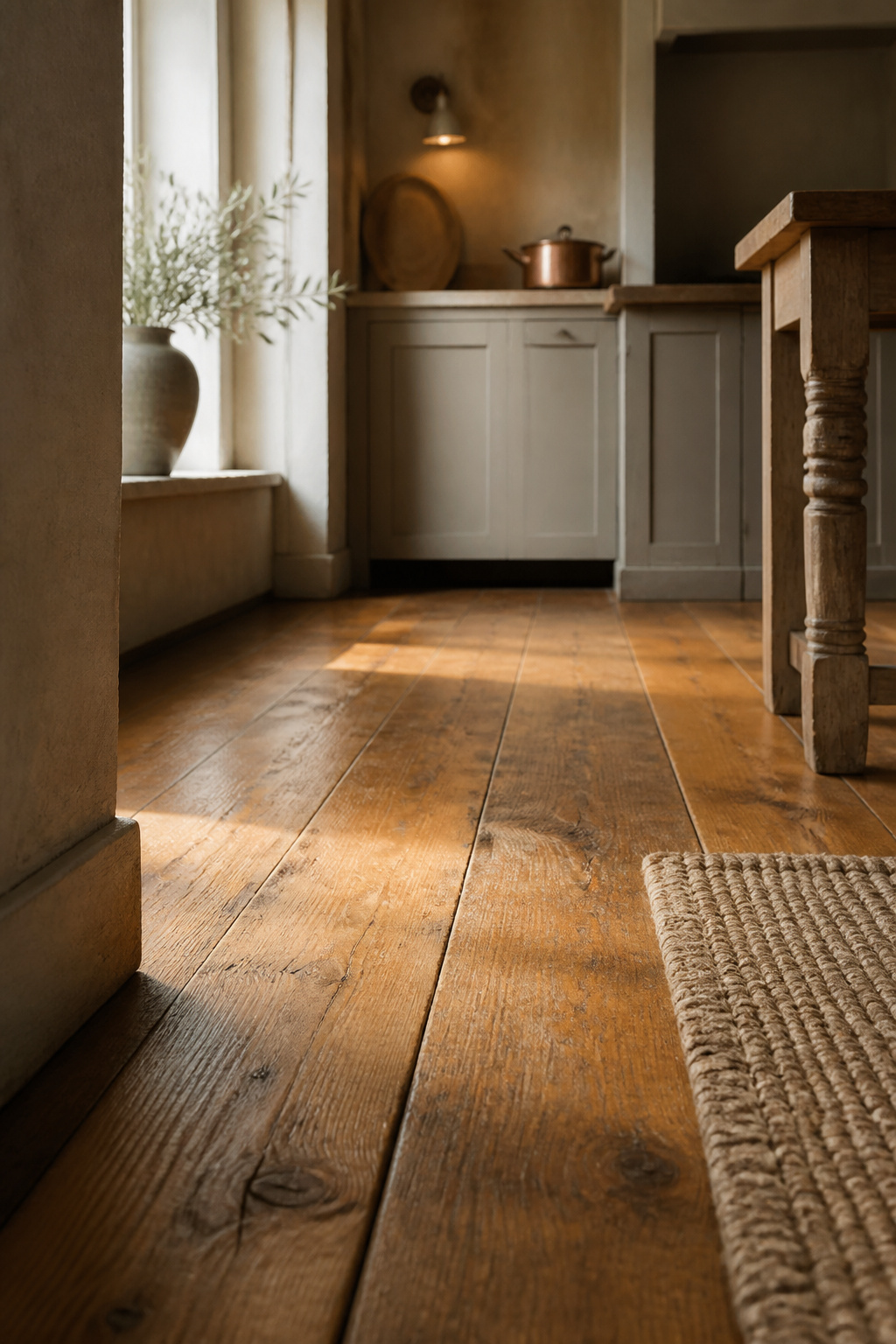 Wide-plank honey oak hardwood floor with visible grain and gentle wear in a warm European-style kitchen