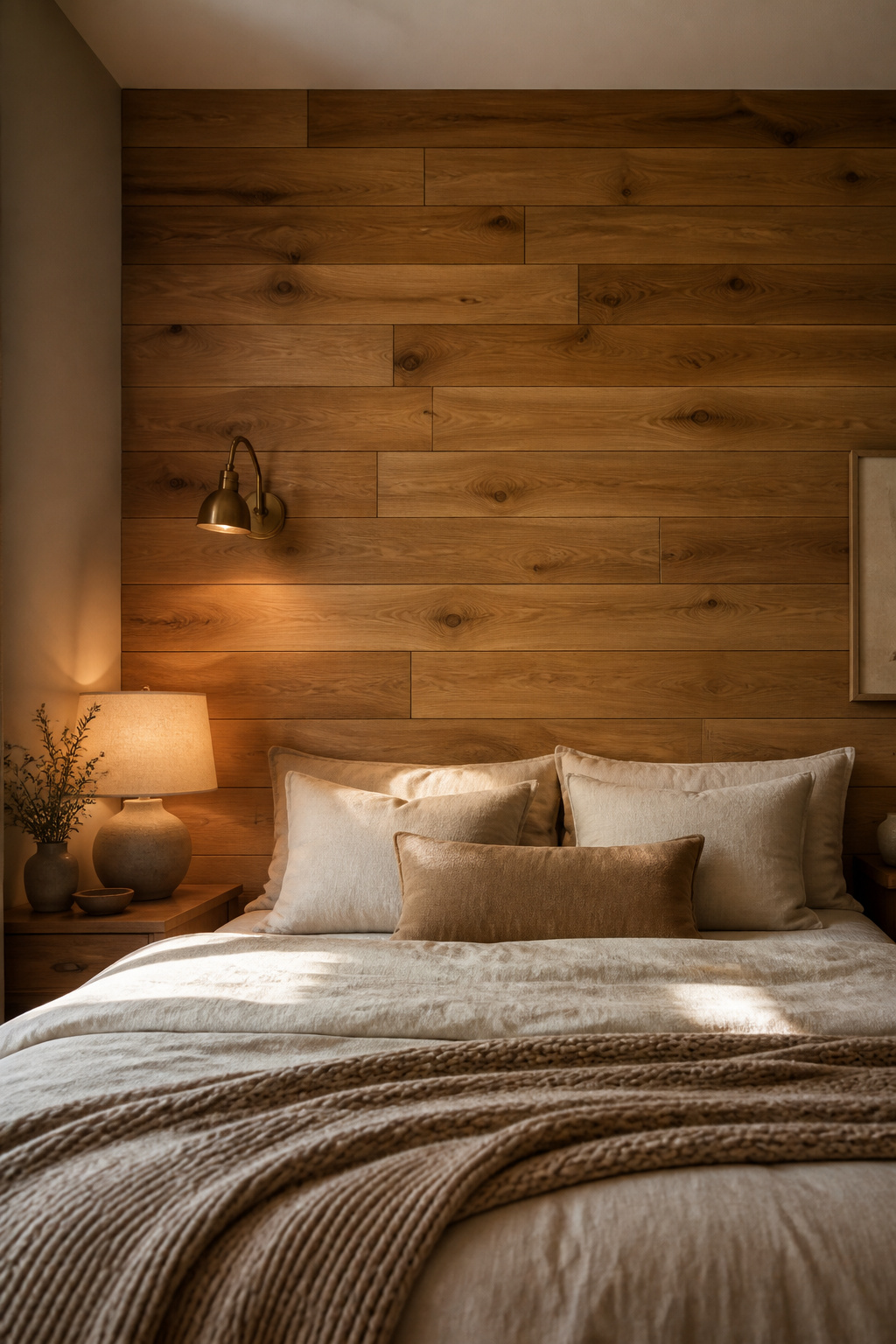 Staggered honey oak wood plank accent wall behind a bed dressed in linen and wool-knit bedding, warmed by golden lamp light