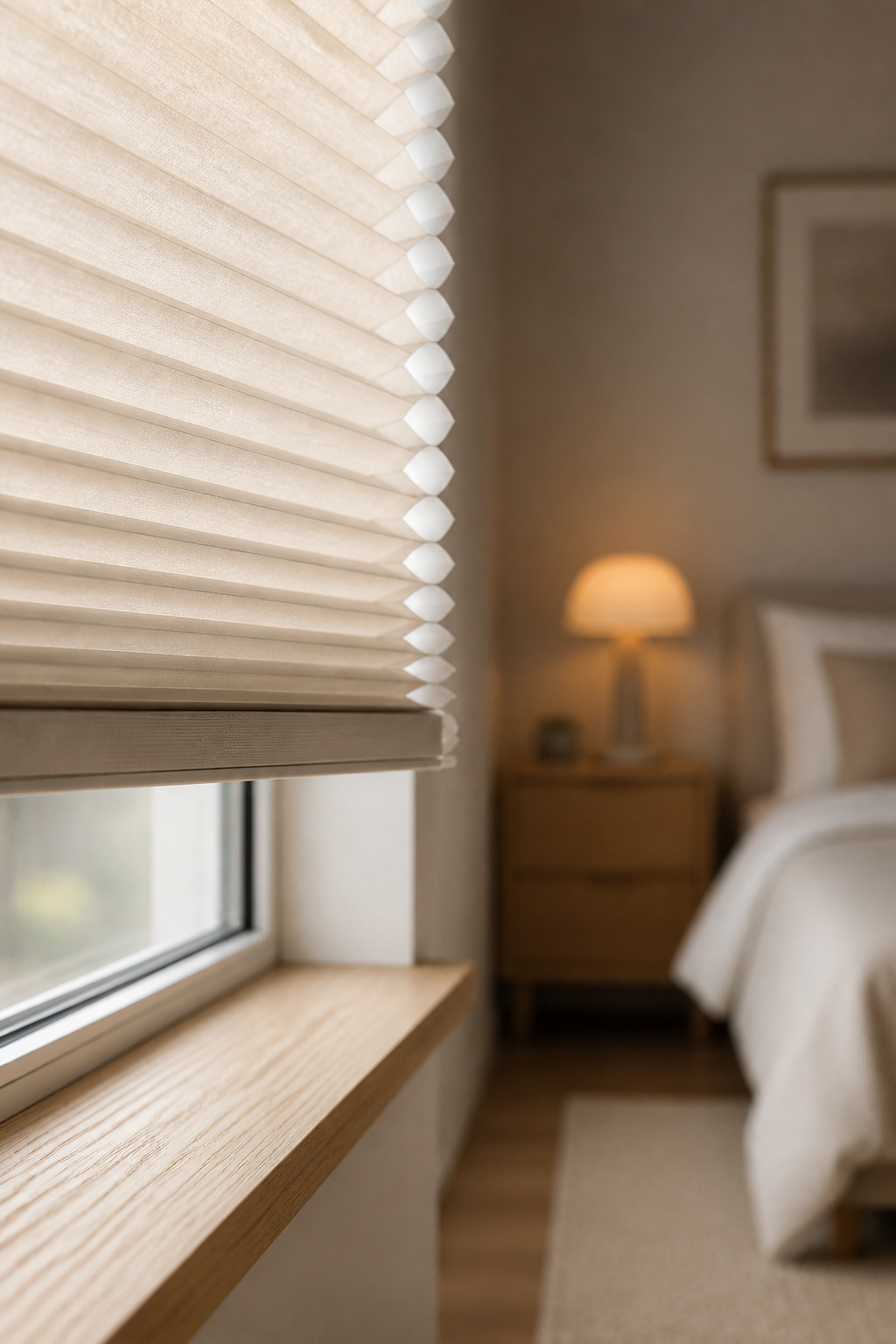 Honeycomb cellular shade in a bedroom window showing its accordion structure that traps insulating air