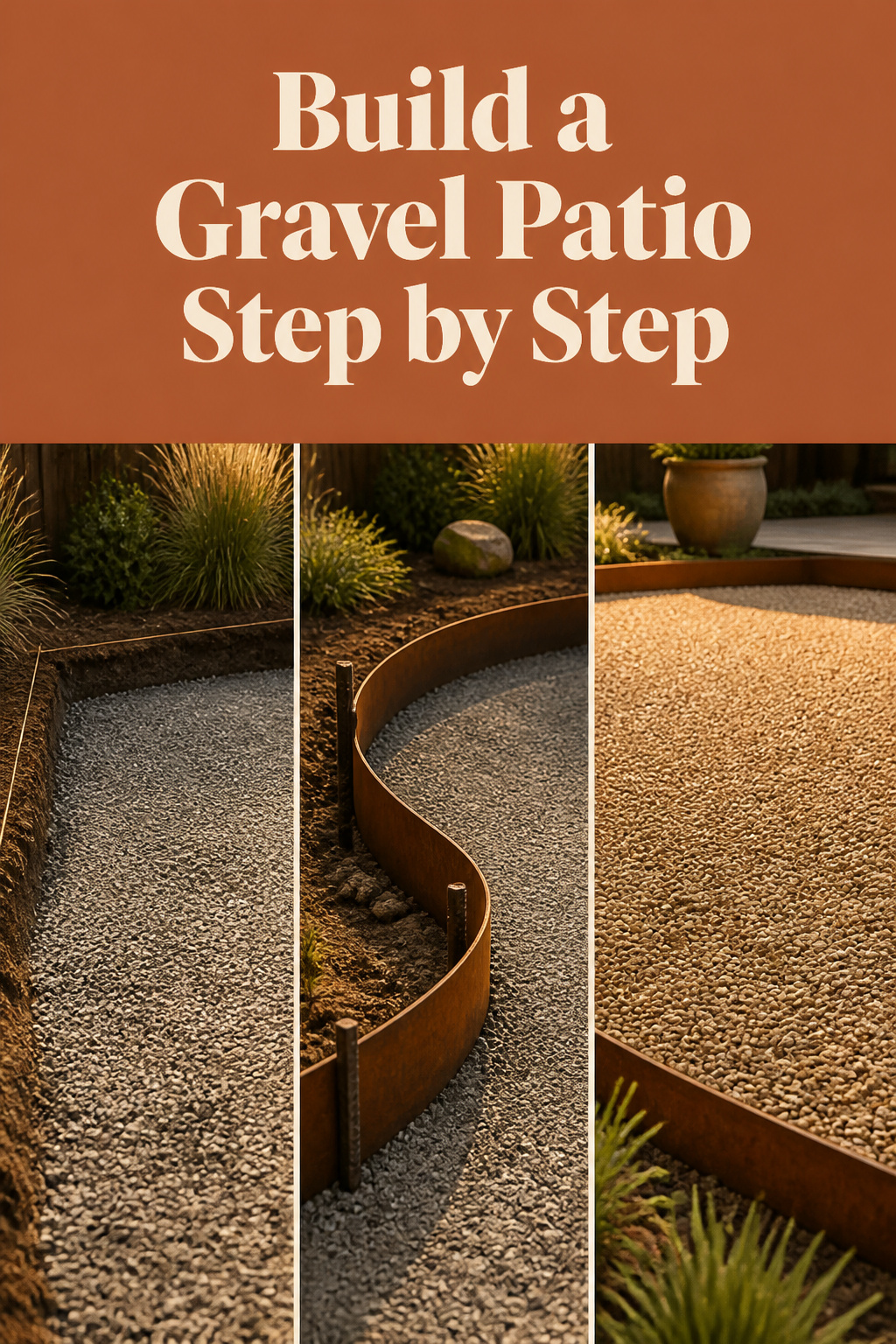 Three-panel collage showing a gravel patio base layer, steel edging installation, and the finished buff pea gravel patio surface