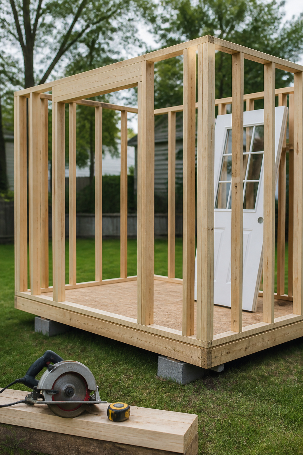 A partially framed she shed shell with 2x4 stud walls and OSB subfloor deck sitting on concrete deck blocks in a suburban backyard, tools resting nearby