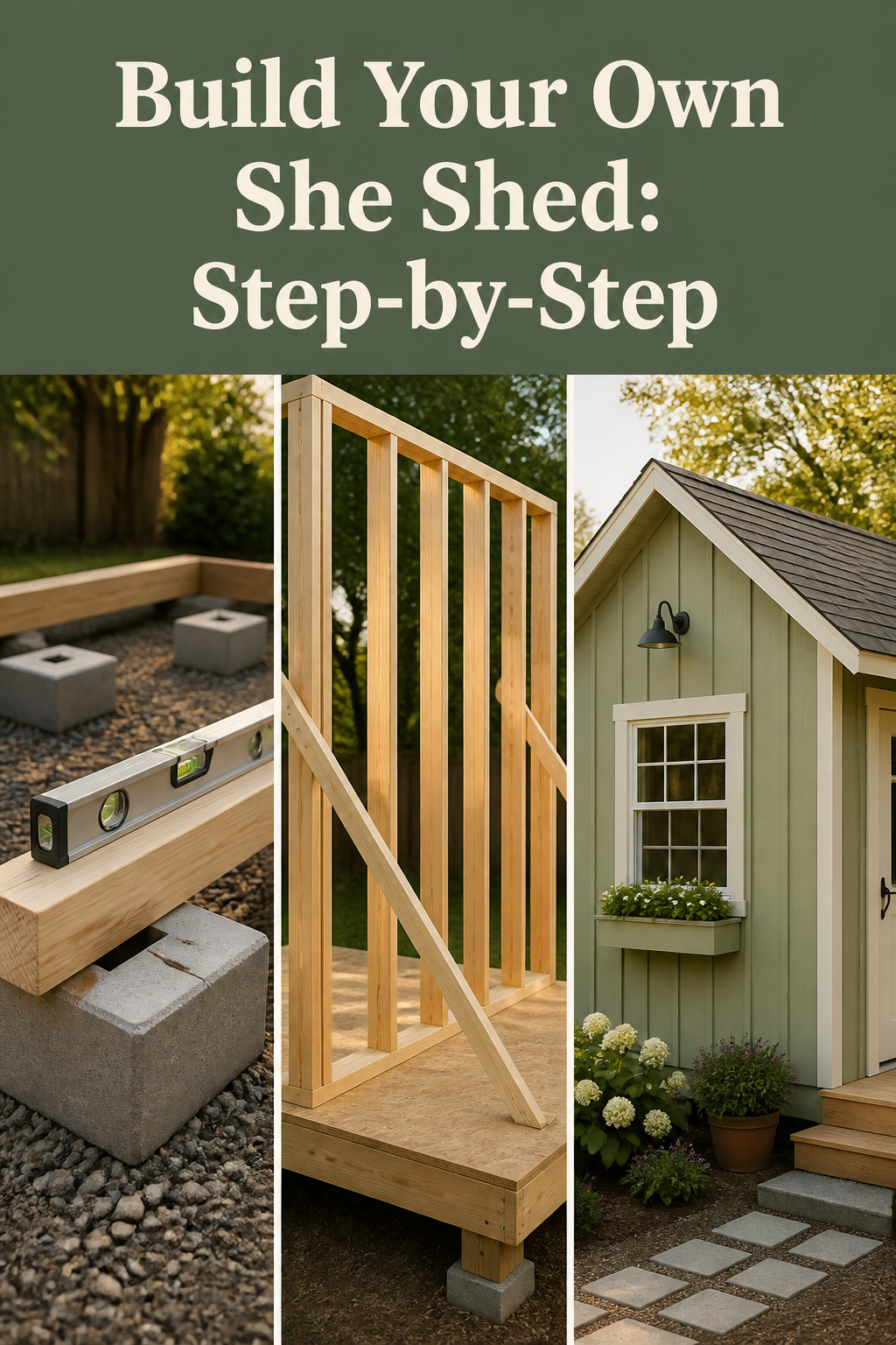 Pinterest collage showing concrete deck block foundation, 2x4 framing, and a finished board-and-batten she shed exterior