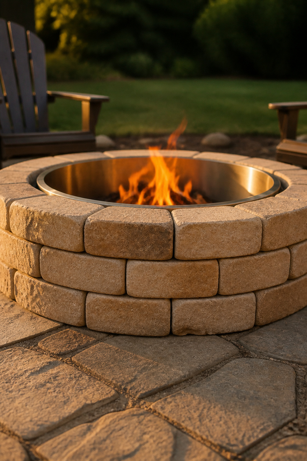Finished three-course concrete paver fire pit ring with steel insert, small fire burning, on a flagstone apron in a backyard