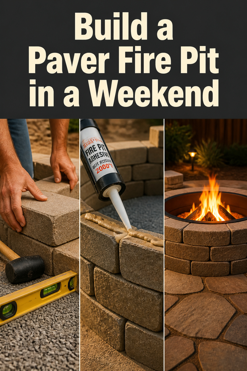 Pinterest collage showing paver fire pit build steps: gravel base, adhesive application, and finished glowing fire pit