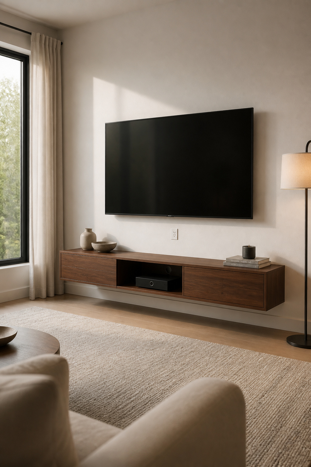 Wall-mounted TV with no visible cables and a flush recessed outlet plate below, in a clean contemporary living room