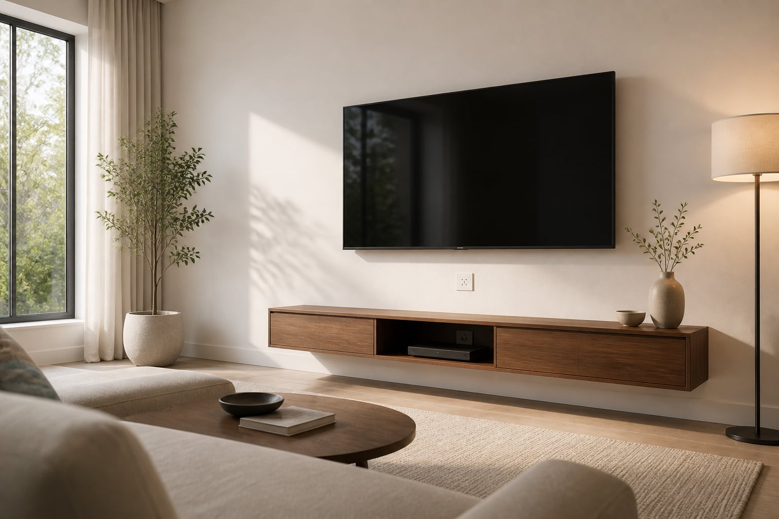 Wall-mounted TV with no visible cables and a flush recessed outlet plate below, in a clean contemporary living room
