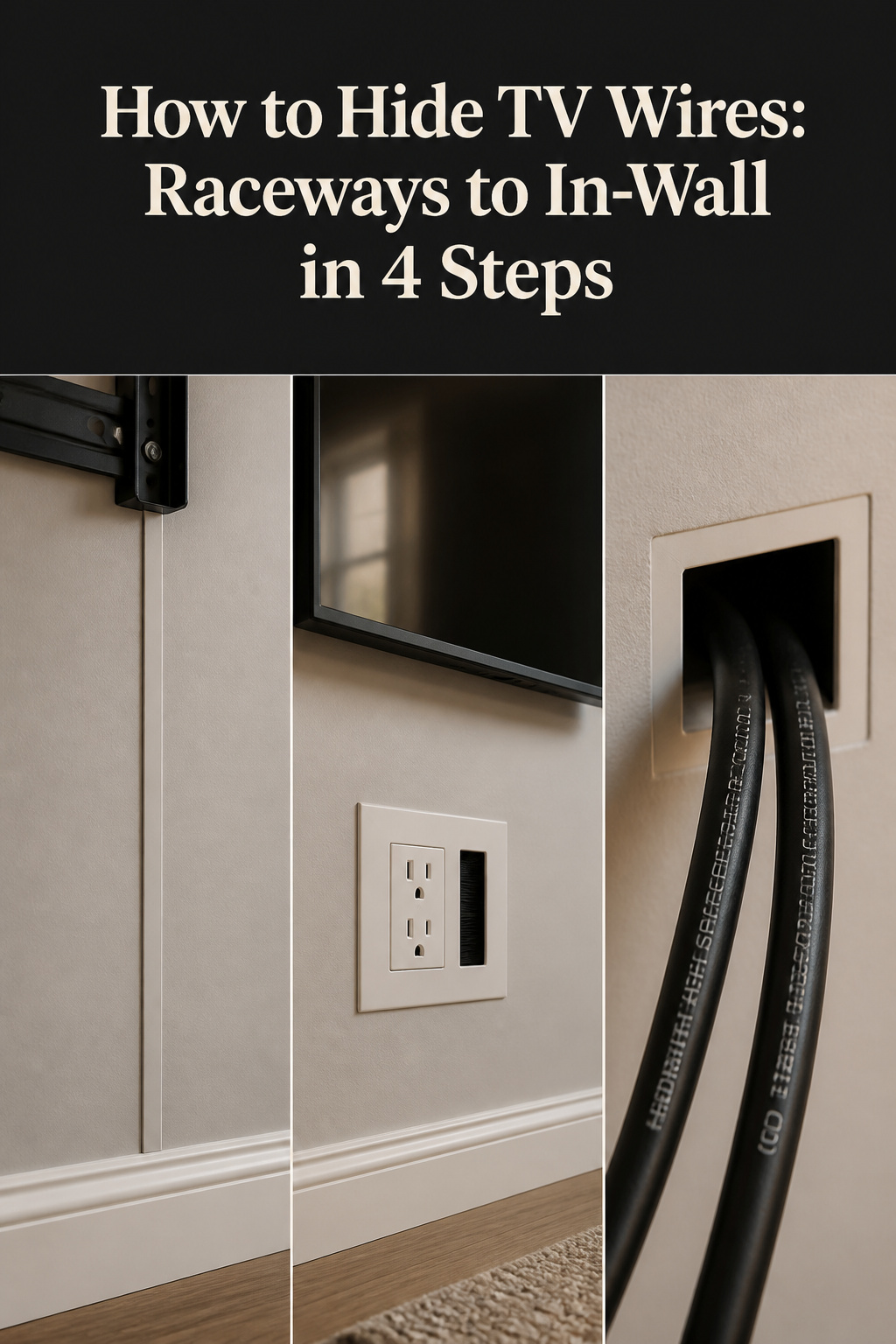 Three-panel Pinterest collage showing a painted surface raceway, a flush recessed outlet kit, and in-wall rated CL2 cable routing for a mounted TV
