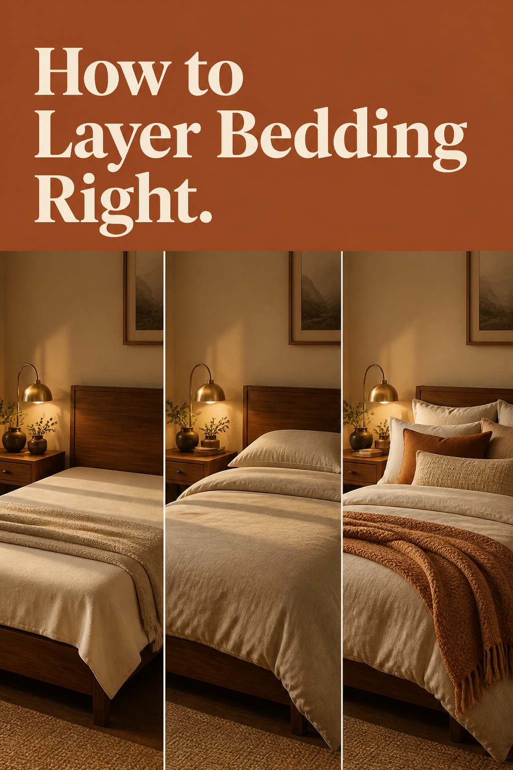 Pinterest collage of three panels showing how to layer bedding: sheet and blanket base, duvet added, then throw and pillows