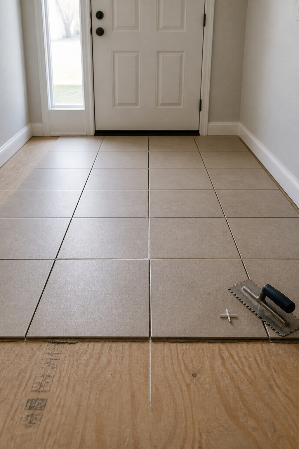 Dry-laid porcelain tiles spreading from chalk centre lines on an entryway subfloor, ready for thinset application