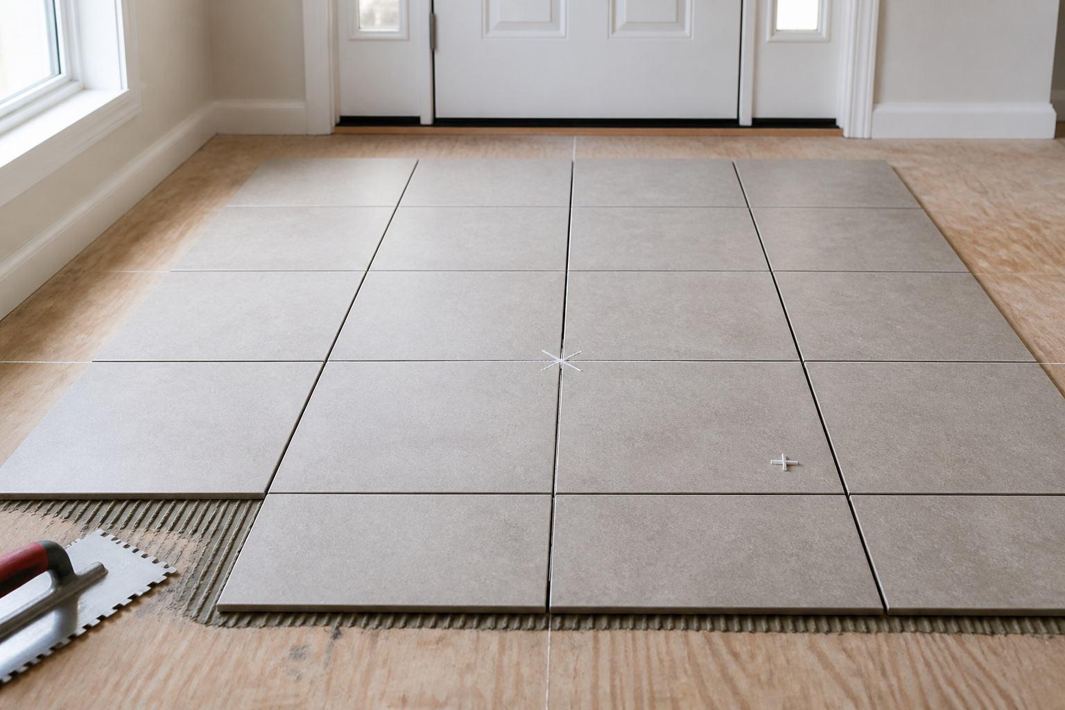 Dry-laid porcelain tiles spreading from chalk centre lines on an entryway subfloor, ready for thinset application
