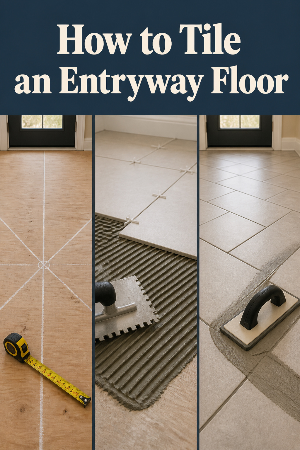 Three-stage DIY tile install collage: chalk layout lines, thinset application with a notched trowel, and grout float working diagonally across set tiles