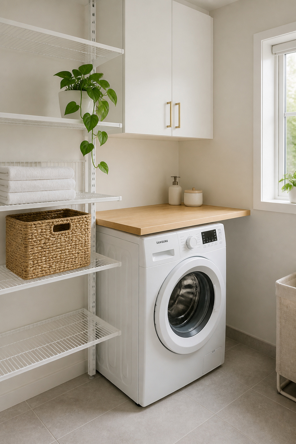 Budget Scandinavian laundry room using IKEA BOAXEL white wire shelving and butcher-block oak countertop over front-load washer, with matte brass cabinet hardware and seagrass basket