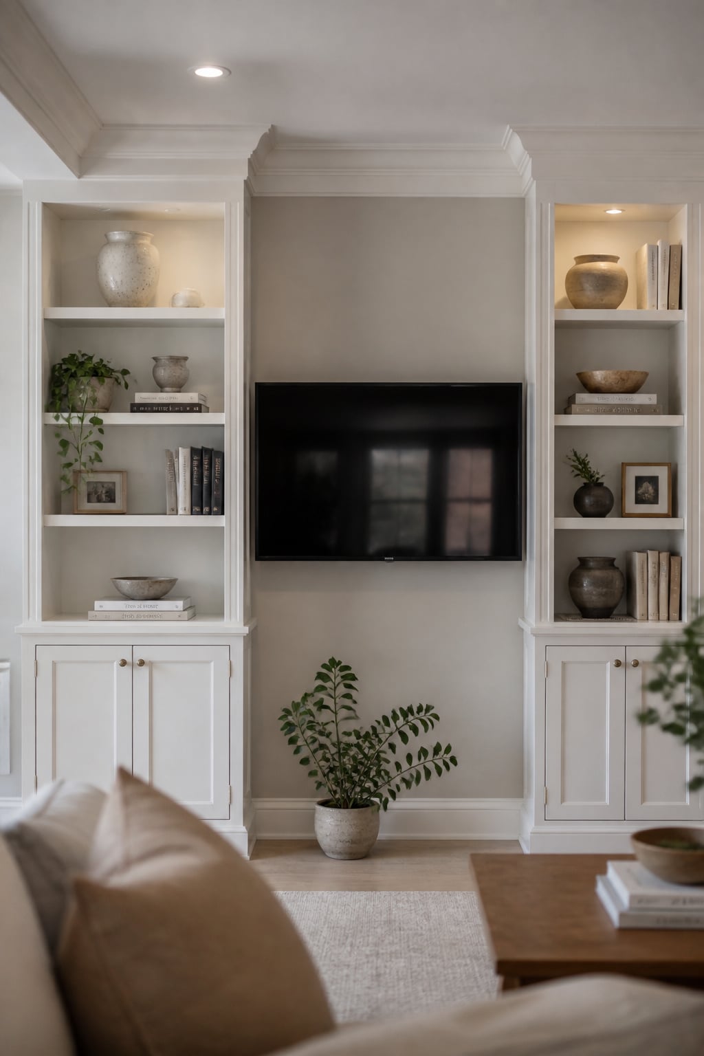 Two white-painted flanking bookcases with crown molding scribing to the ceiling on either side of a wall-mounted TV, shelves styled with books and ceramics