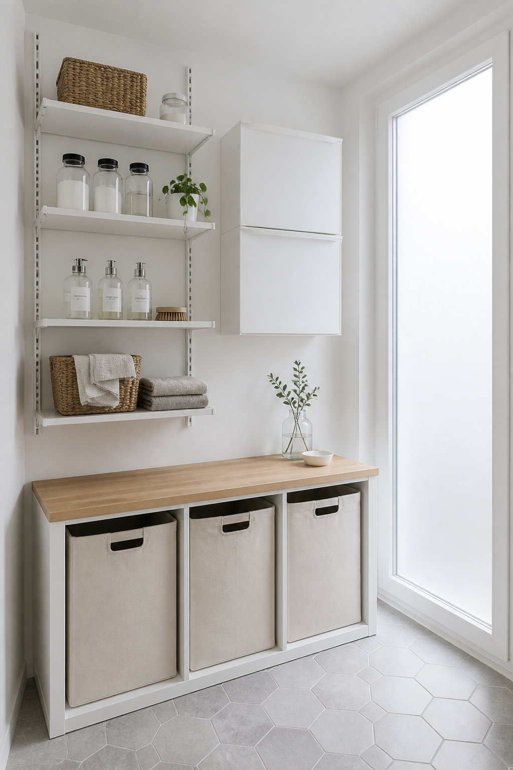 Nordic laundry room built with IKEA BOAXEL shelving, TRONES wall cabinets, and KALLAX sorter, white walls and oak countertop