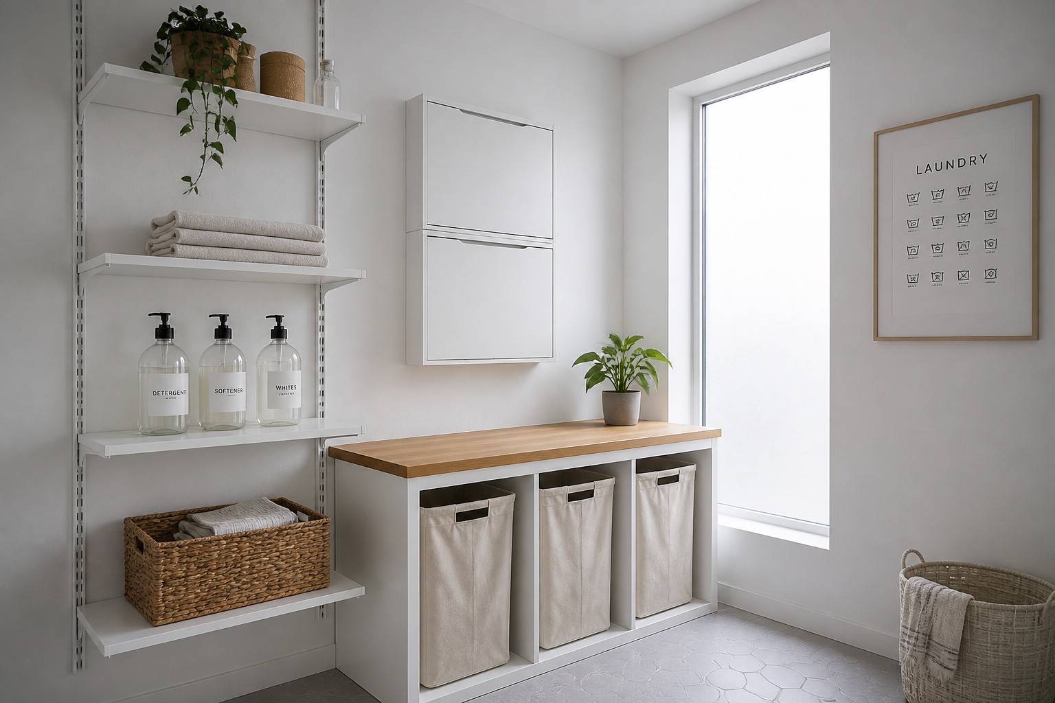 Nordic laundry room built with IKEA BOAXEL shelving, TRONES wall cabinets, and KALLAX sorter, white walls and oak countertop