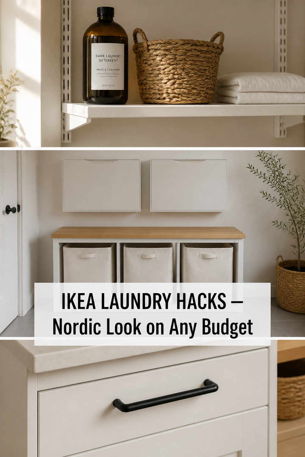 Pinterest guide to IKEA Nordic laundry room hacks showing BOAXEL shelving detail, TRONES and KALLAX sorter combo, and SEKTION door with matte black handle