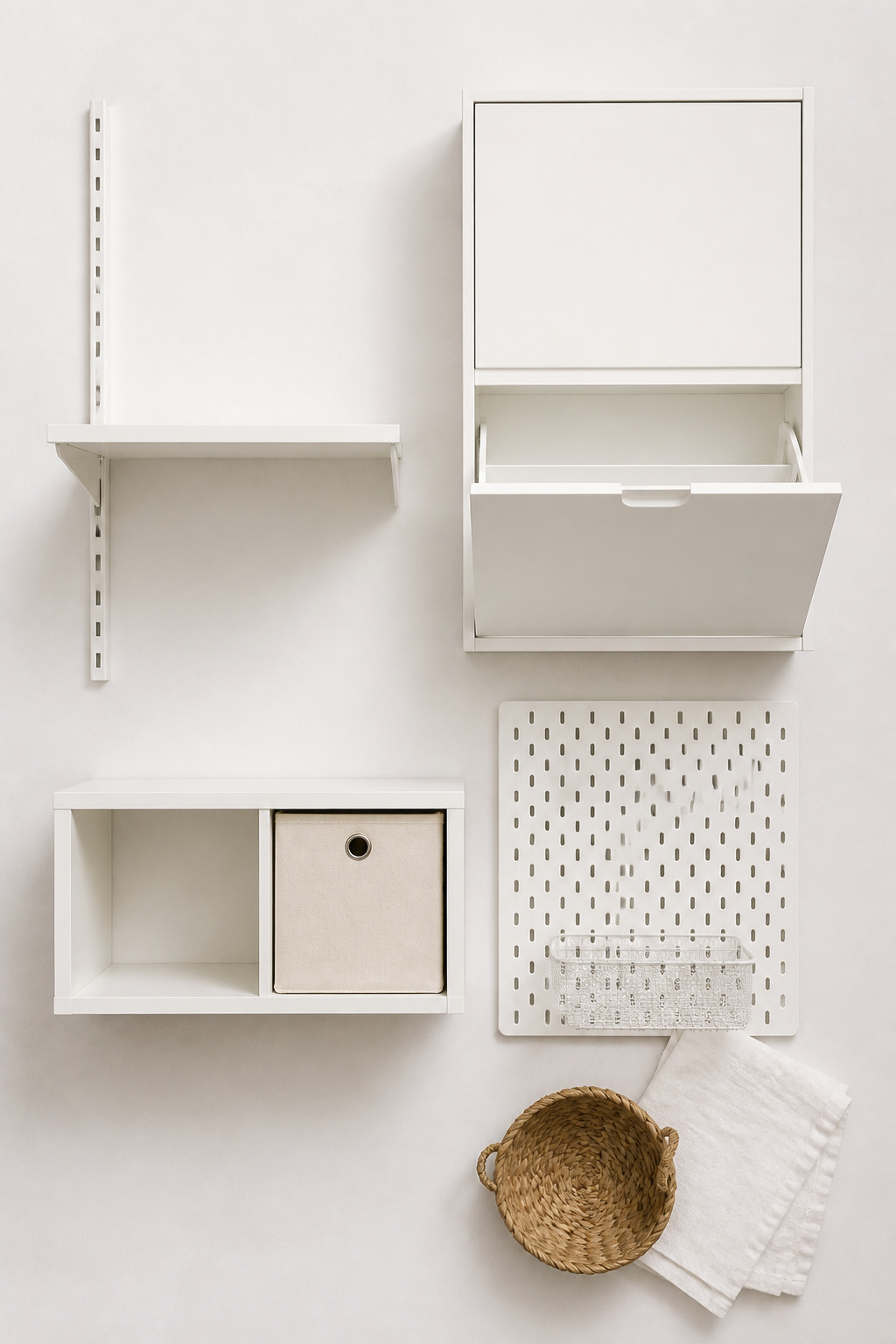 Four IKEA laundry storage systems — BOAXEL shelving, TRONES cabinet, KALLAX sorter, and SKADIS pegboard — styled on a white surface