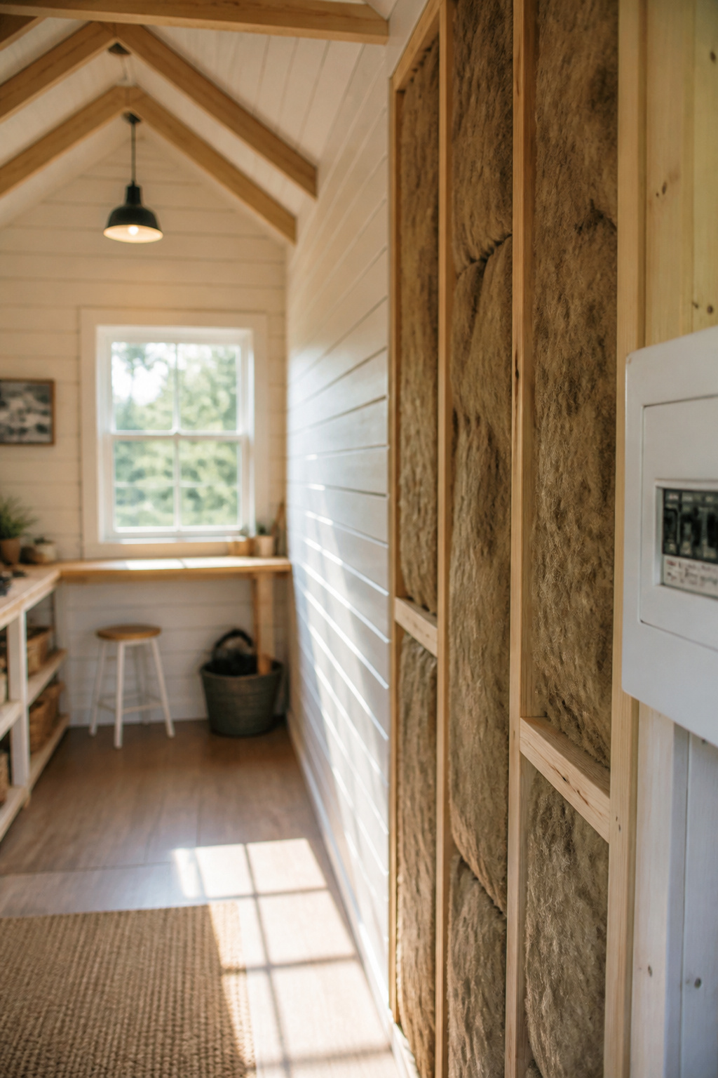 Interior of an insulated she shed showing Rockwool batts between wall studs and white tongue-and-groove panelling ready to close the wall