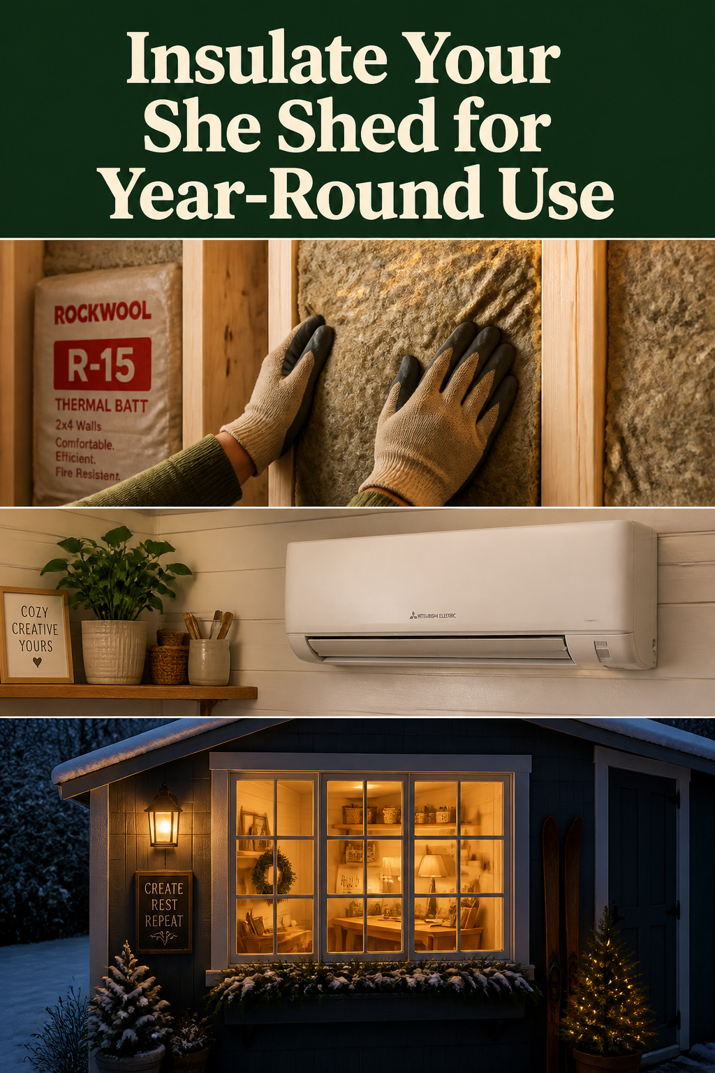 Three-panel Pinterest pin showing Rockwool insulation batts, a mini-split wall unit and a glowing she shed interior in winter