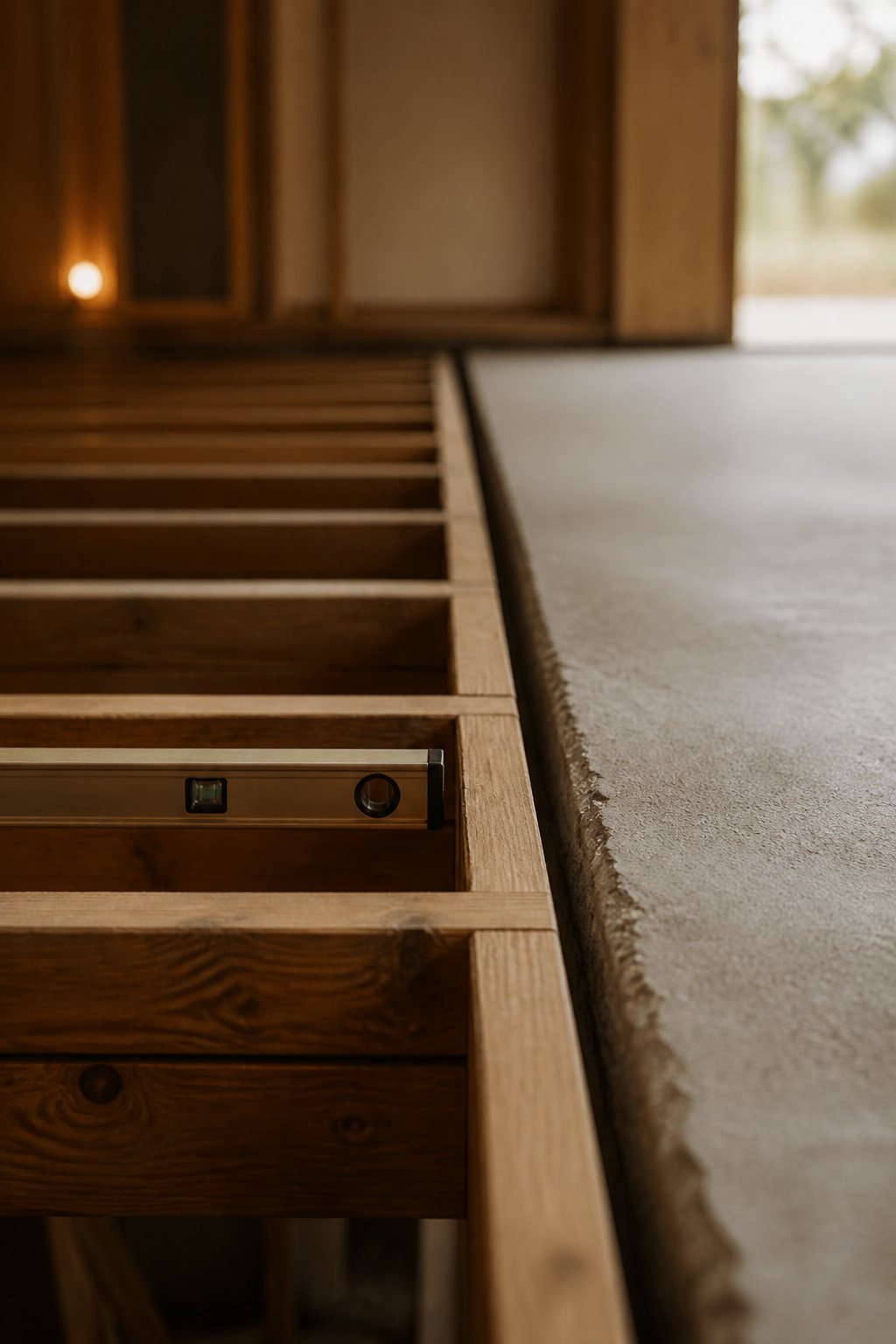 Detail shot comparing an open wood joist floor cavity with a poured concrete slab edge