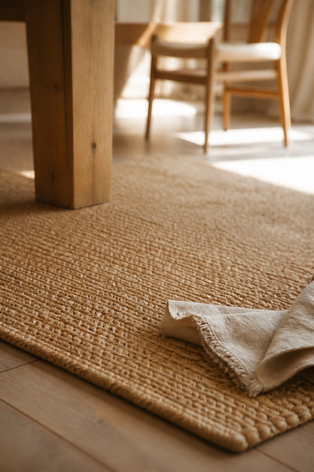 Close-up of a neutral jute base rug beneath a boho dining table, showing the natural woven fiber texture
