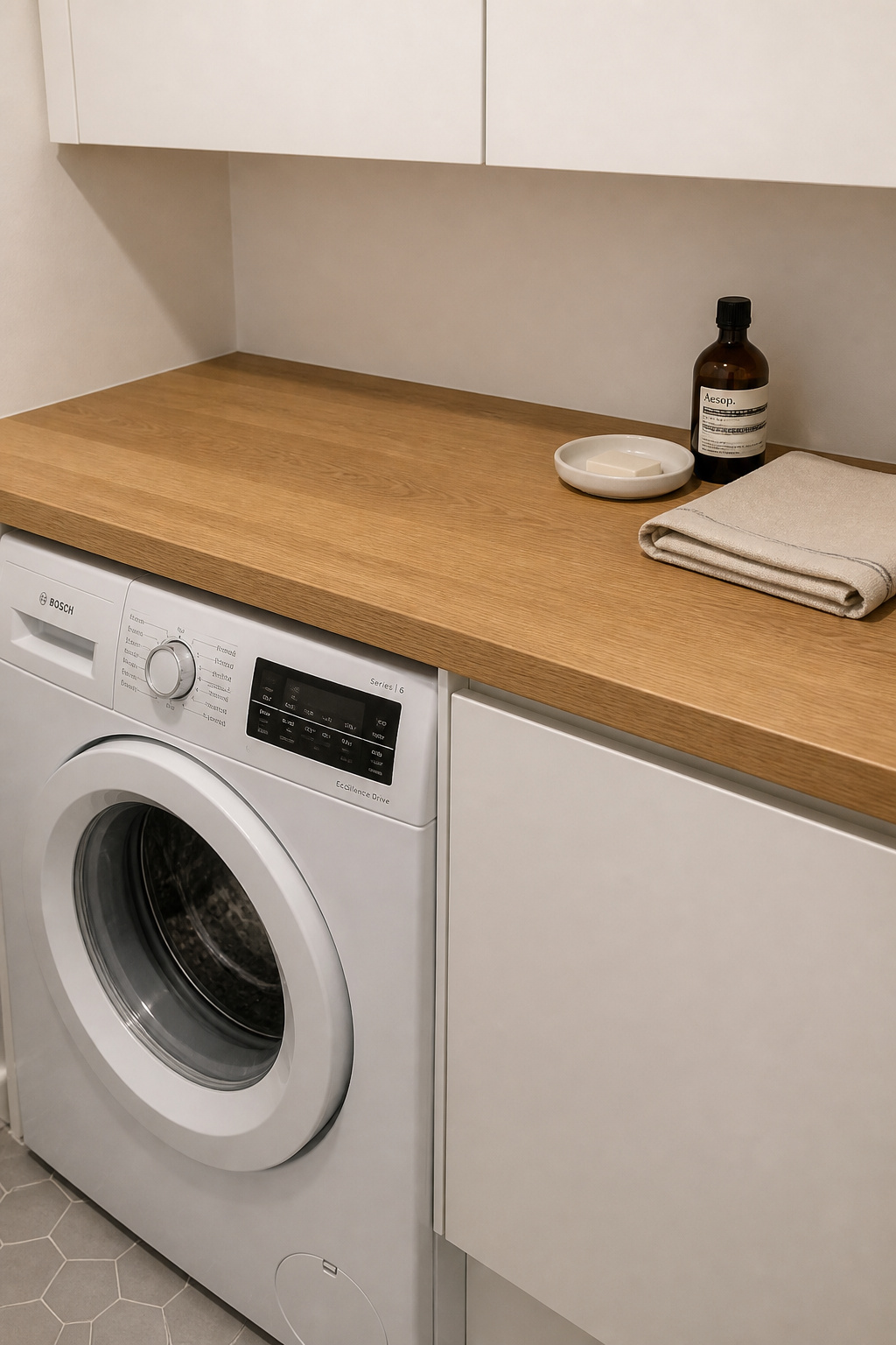 IKEA KARLBY oak-veneer countertop installed over front-loading washer in a Scandinavian laundry room, white SEKTION cabinet above