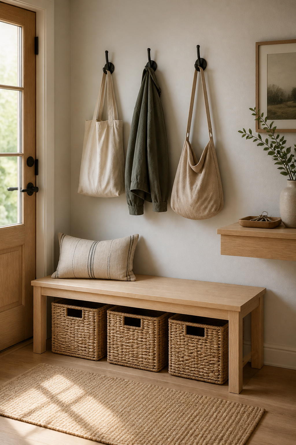 Organized Scandinavian entryway drop zone with hooks, baskets, and a tidy key tray