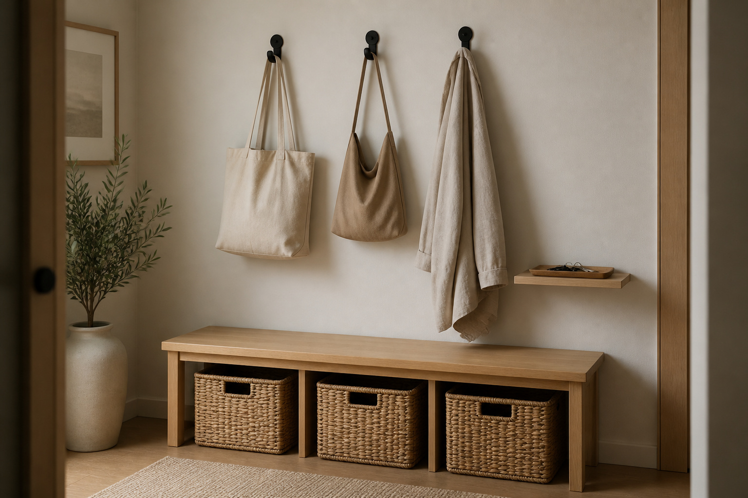 Organized Scandinavian entryway drop zone with hooks, baskets, and a tidy key tray