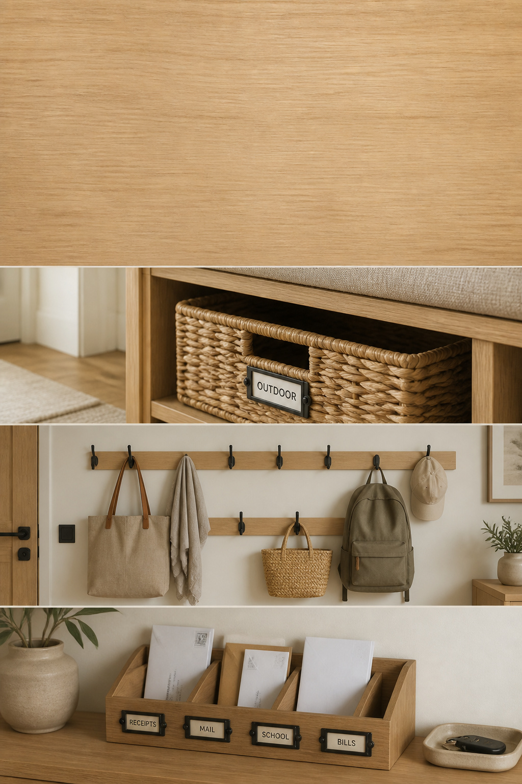 Pinterest graphic showing how to keep a drop zone organized with hooks, baskets, and a mail sorter