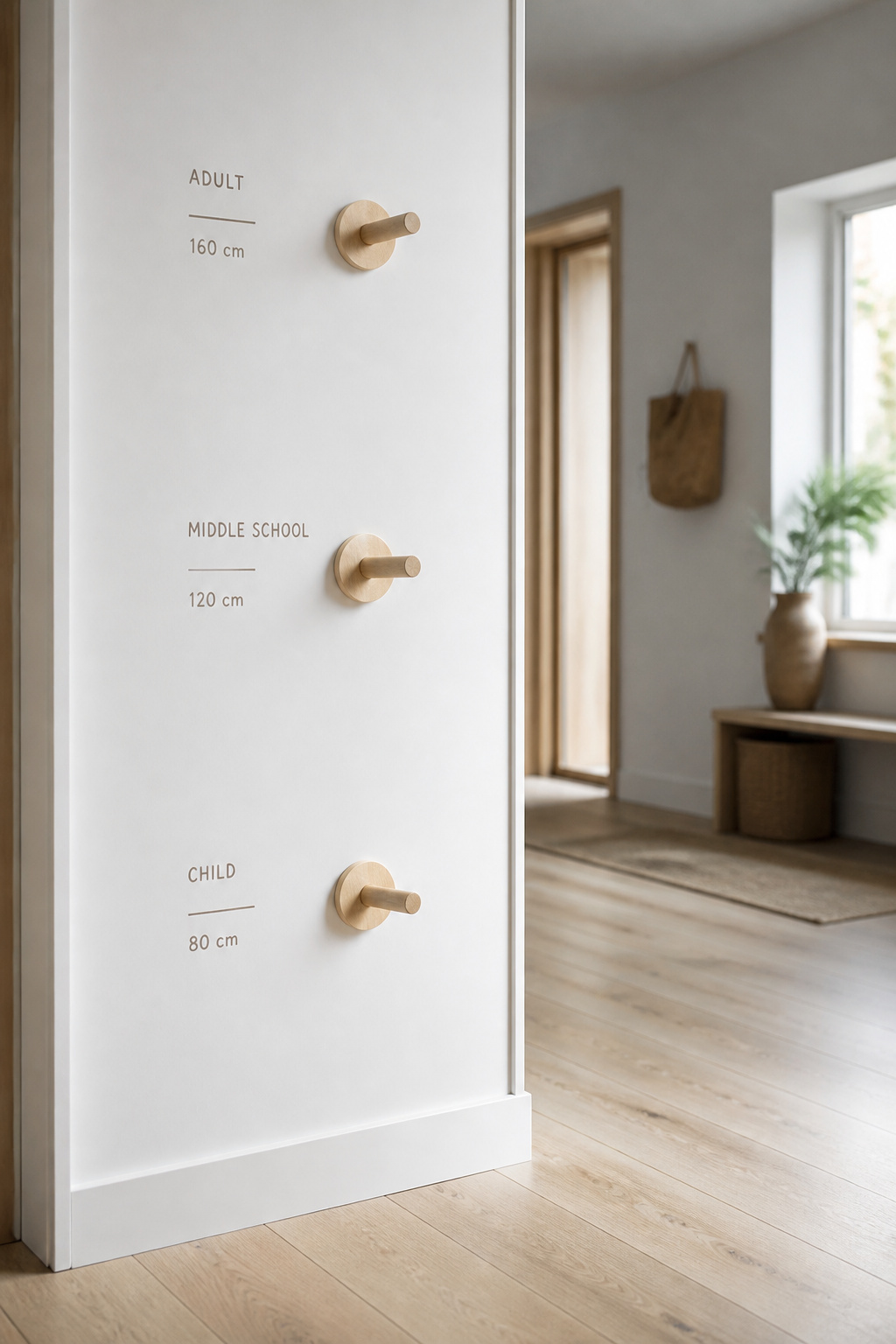Entryway wall reference showing hook heights for toddlers, school-age kids, tweens and adults
