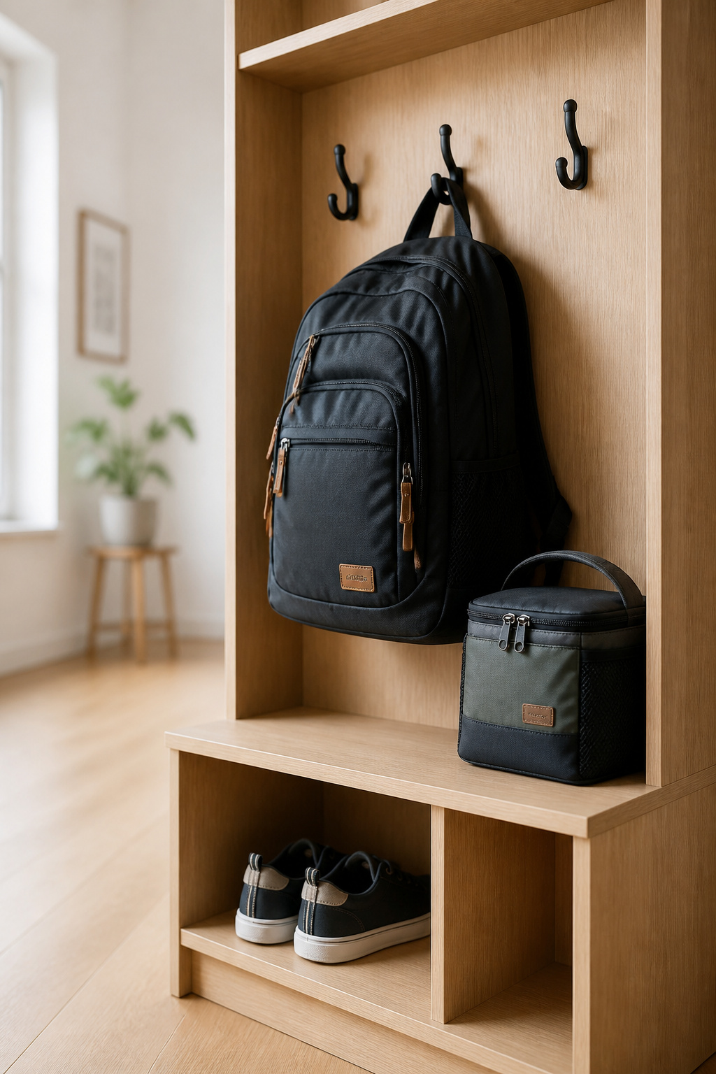 School-age backpack and cubby station with a loaded backpack hook, lunch box shelf and shoe cubby