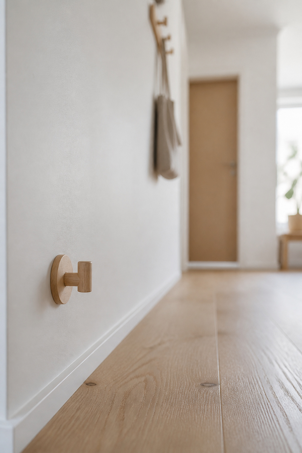 Entryway wall photographed from a child's eye level showing a single low hook well below the adult hook row