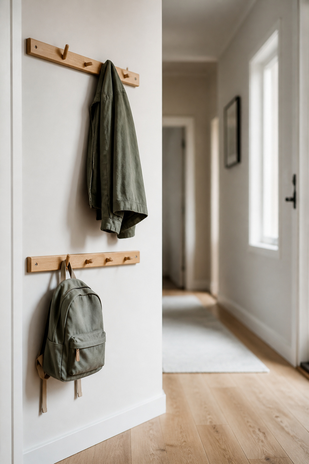 Narrow entryway with a shared two-row hook wall for kids and adults in a tight footprint
