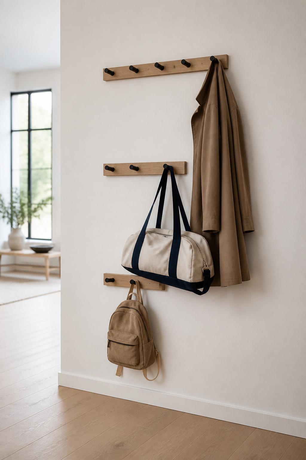 Three-stage hook rail rising from toddler height to tween height to adult height in one entryway
