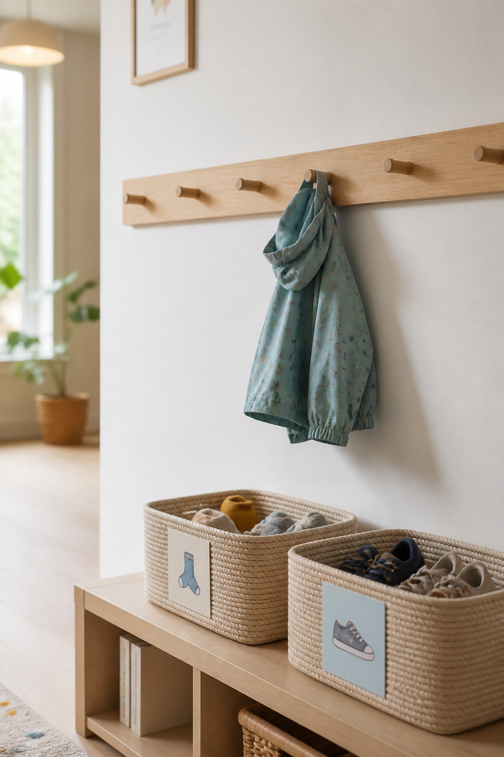 Low hook row at 36 inches with open bins and picture labels for toddlers and preschoolers