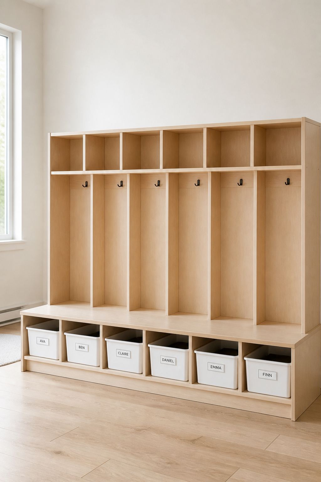 Empty, freshly reset kid-height drop zone with clear hooks and empty labeled bins