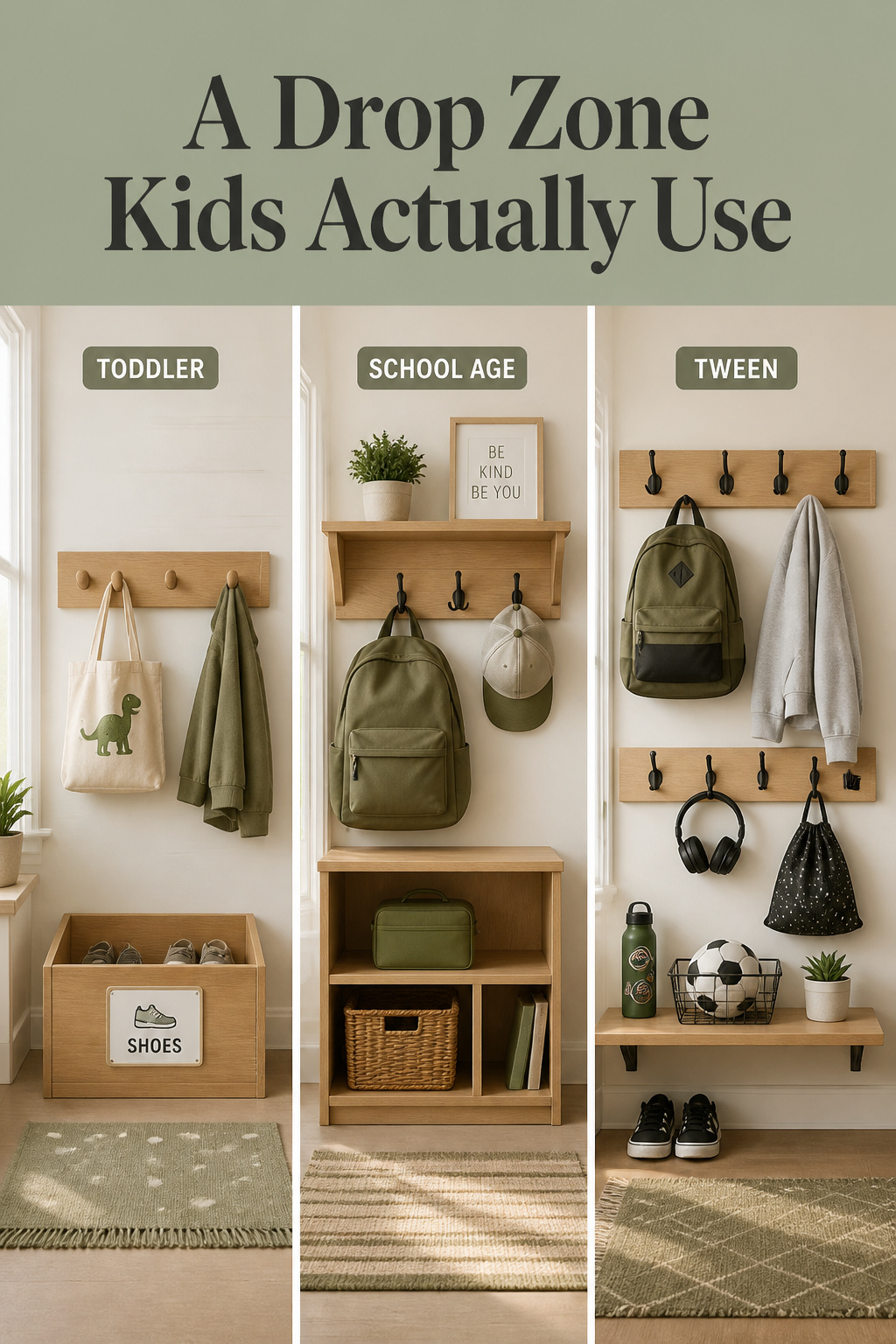 Three stages of a kid-friendly drop zone from toddler hooks to a tween backpack station
