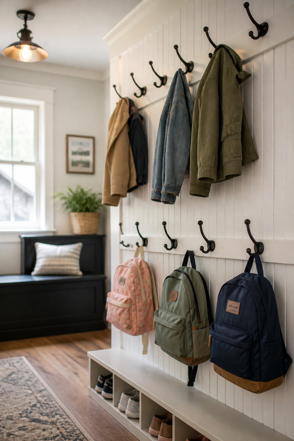 Two-tier coat hook system with a lower row at child height for backpacks and an upper row at adult height