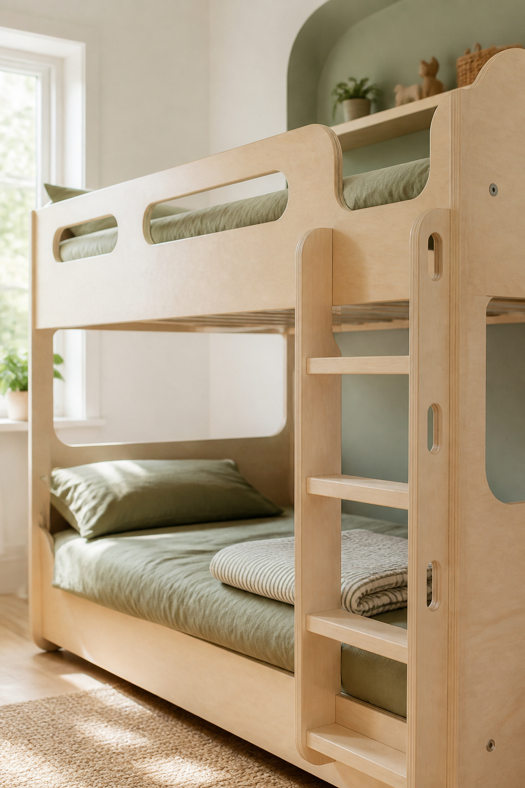 Twin-over-twin bunk bed in birch plywood with a continuous safety guardrail along the top bunk in a bright, daylight-lit bedroom