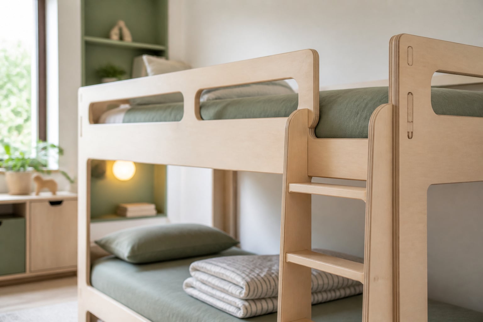 Twin-over-twin bunk bed in birch plywood with a continuous safety guardrail along the top bunk in a bright, daylight-lit bedroom