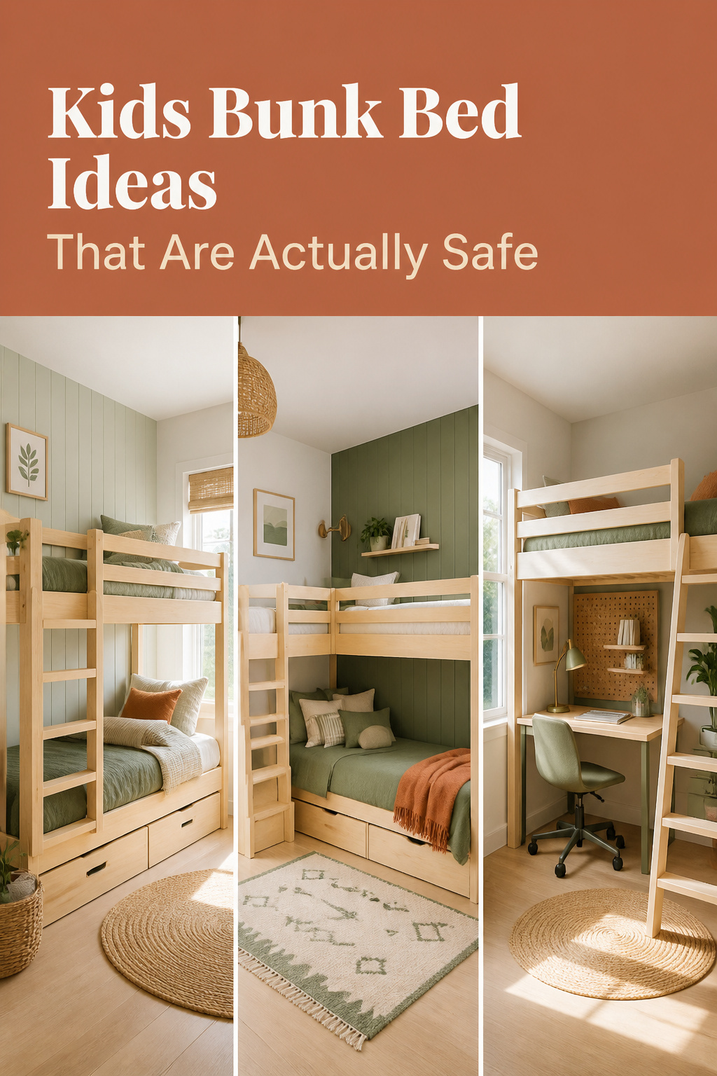 Pinterest collage of bunk bed configurations for a shared room - standard stacked, L-shape, and loft-over-desk - with a text band across the top